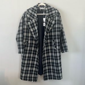NWT Angashion Women’s Black and White Plaid Boucle Trench Blazer Coat Large